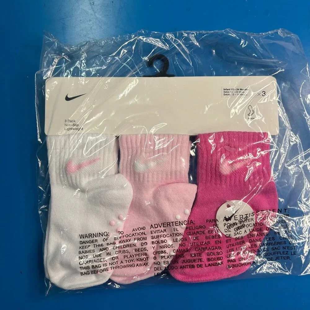 Nike Toddler Gripper Ankle Socks 3-Pack Pink White 12-24 Months NEW